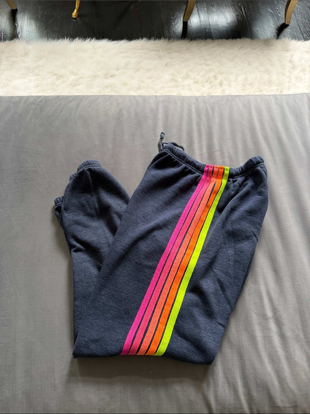 Aviator Nation Heathered Navy Sweatpants with Neon Rainbow Stripe